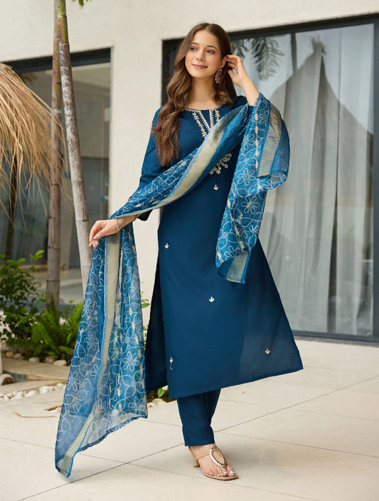 Embroidered Ethnic Wear for Women Petrol Blue Rayon Kurti Pant Dupatta Set