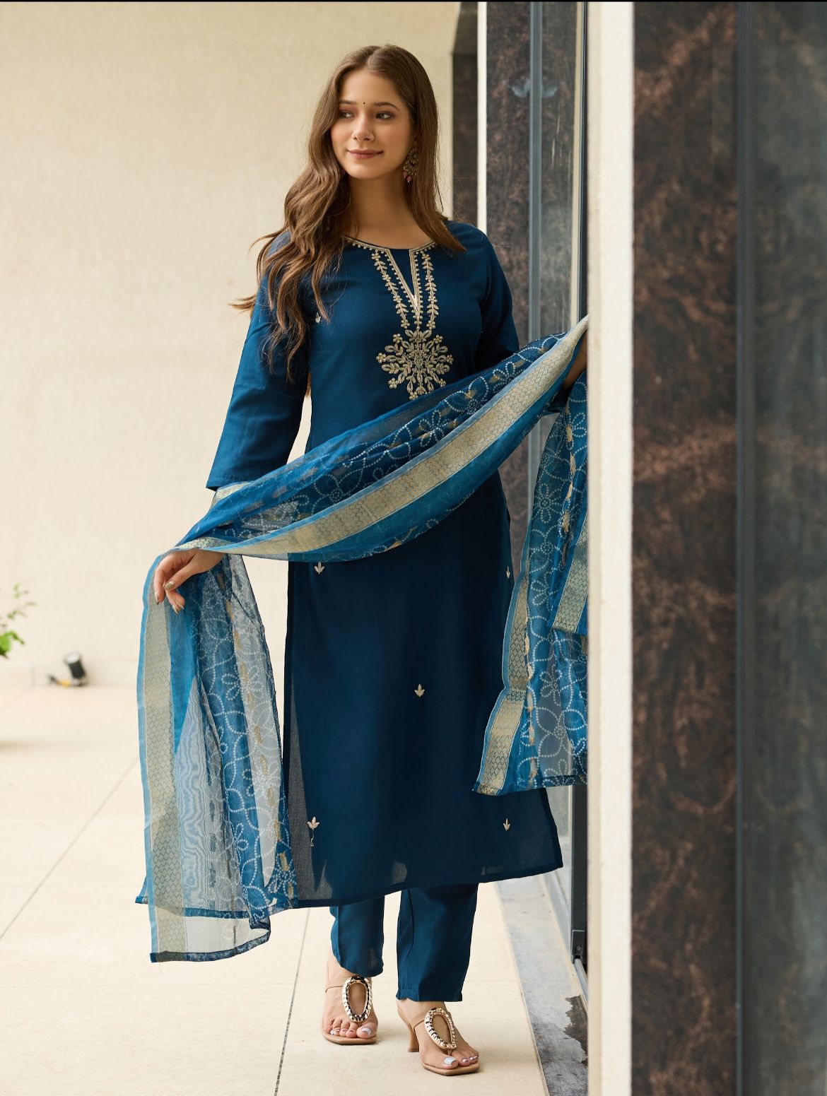 Embroidered Ethnic Wear for Women Petrol Blue Rayon Kurti Pant Dupatta Set