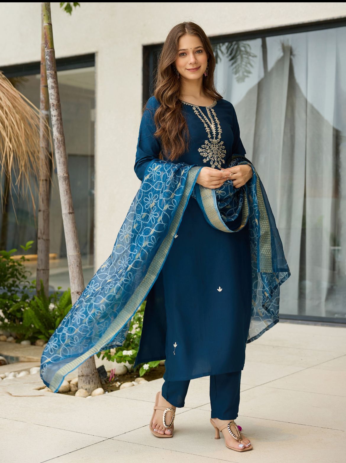 Embroidered Ethnic Wear for Women Petrol Blue Rayon Kurti Pant Dupatta Set