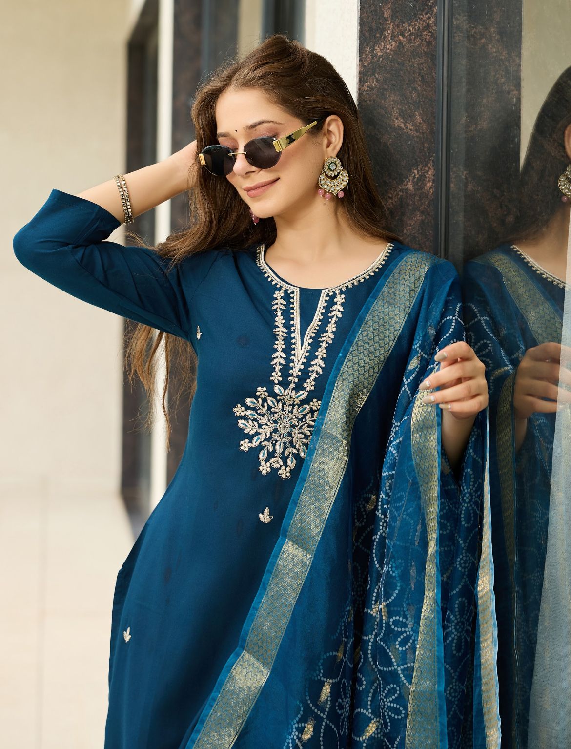 Embroidered Ethnic Wear for Women Petrol Blue Rayon Kurti Pant Dupatta Set