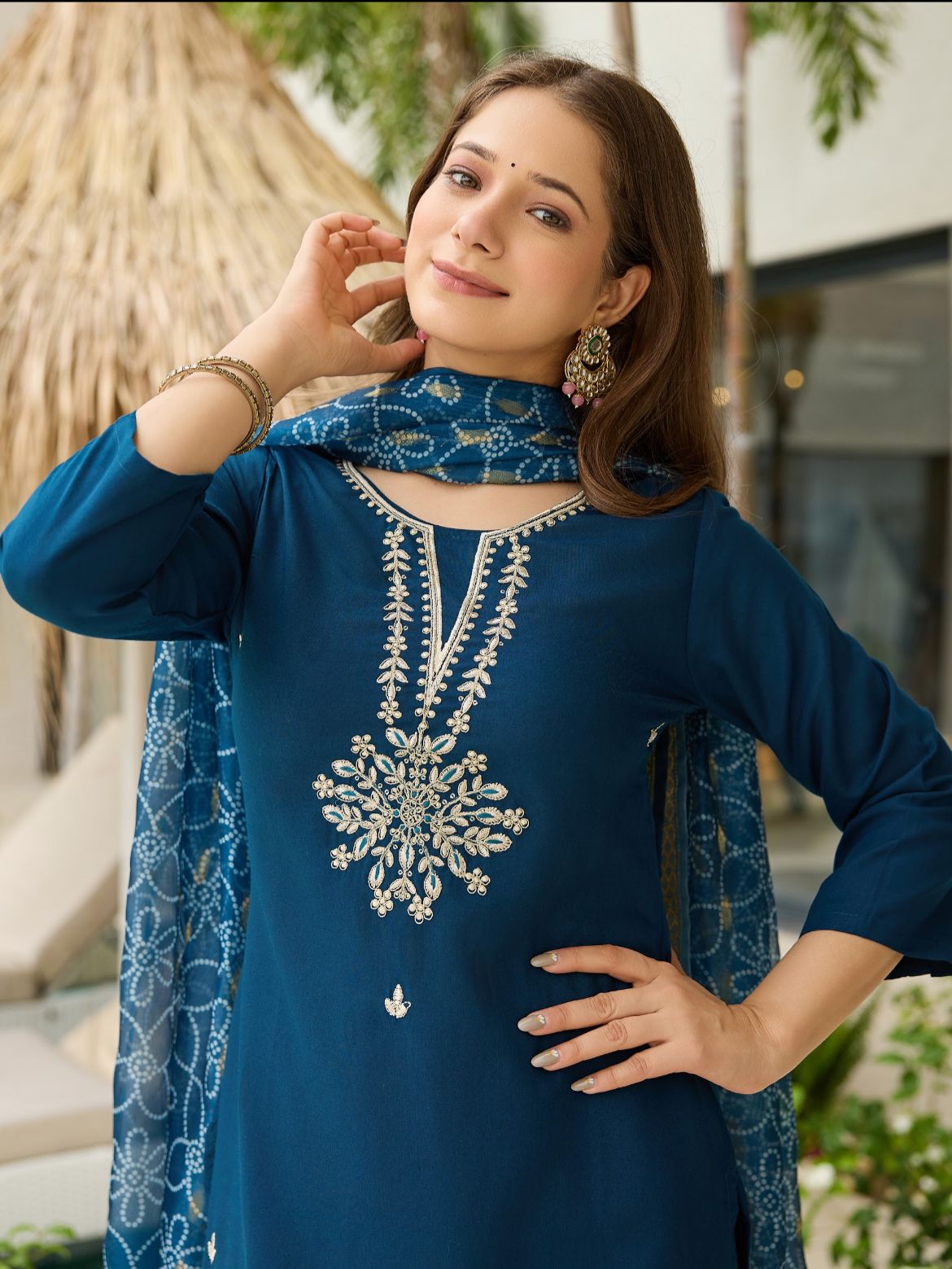 Embroidered Ethnic Wear for Women Petrol Blue Rayon Kurti Pant Dupatta Set