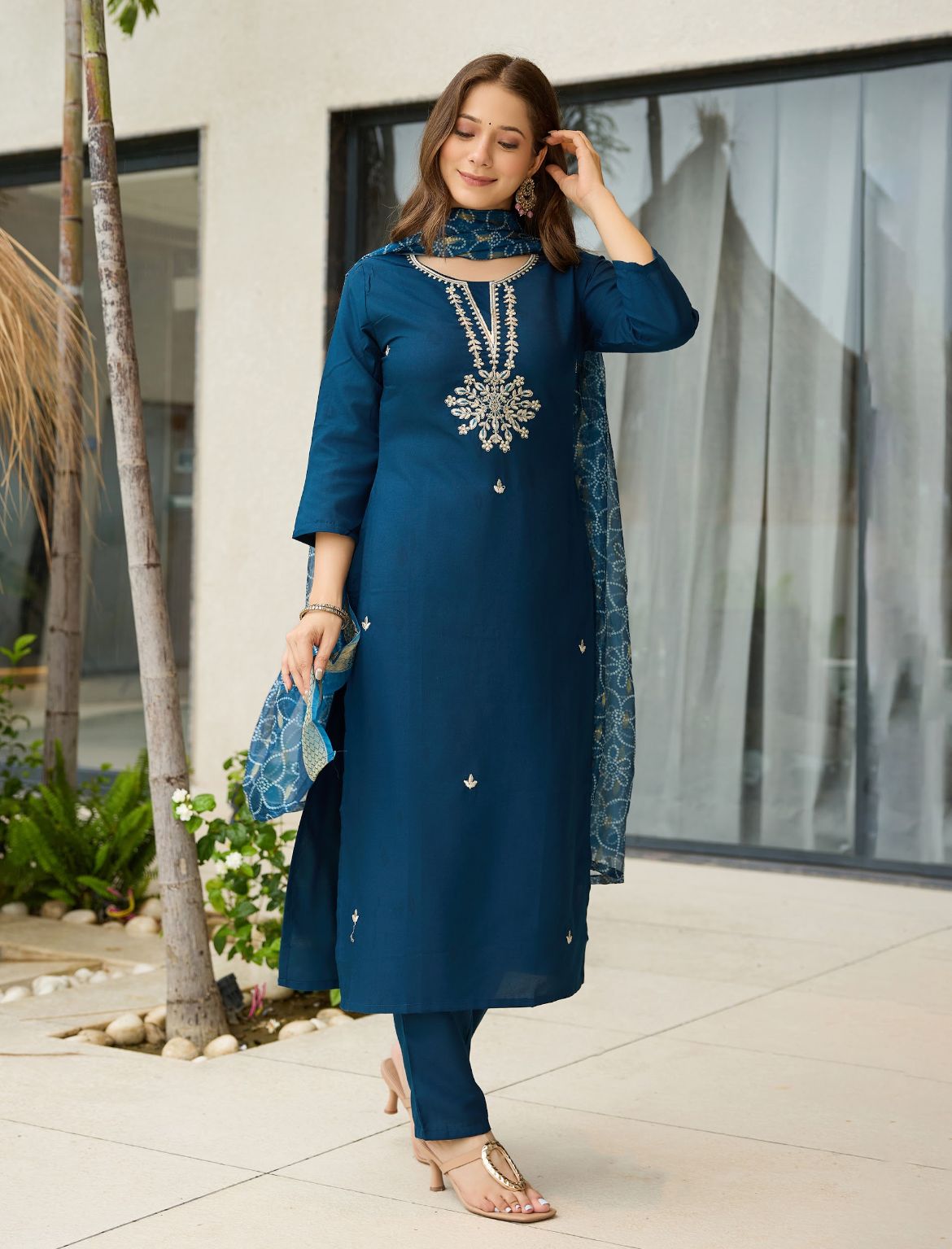 Embroidered Ethnic Wear for Women Petrol Blue Rayon Kurti Pant Dupatta Set