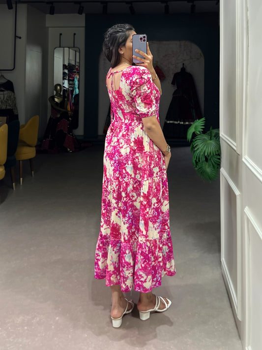 Ethnic Printed Rayon Frock with Foil Work – Pink