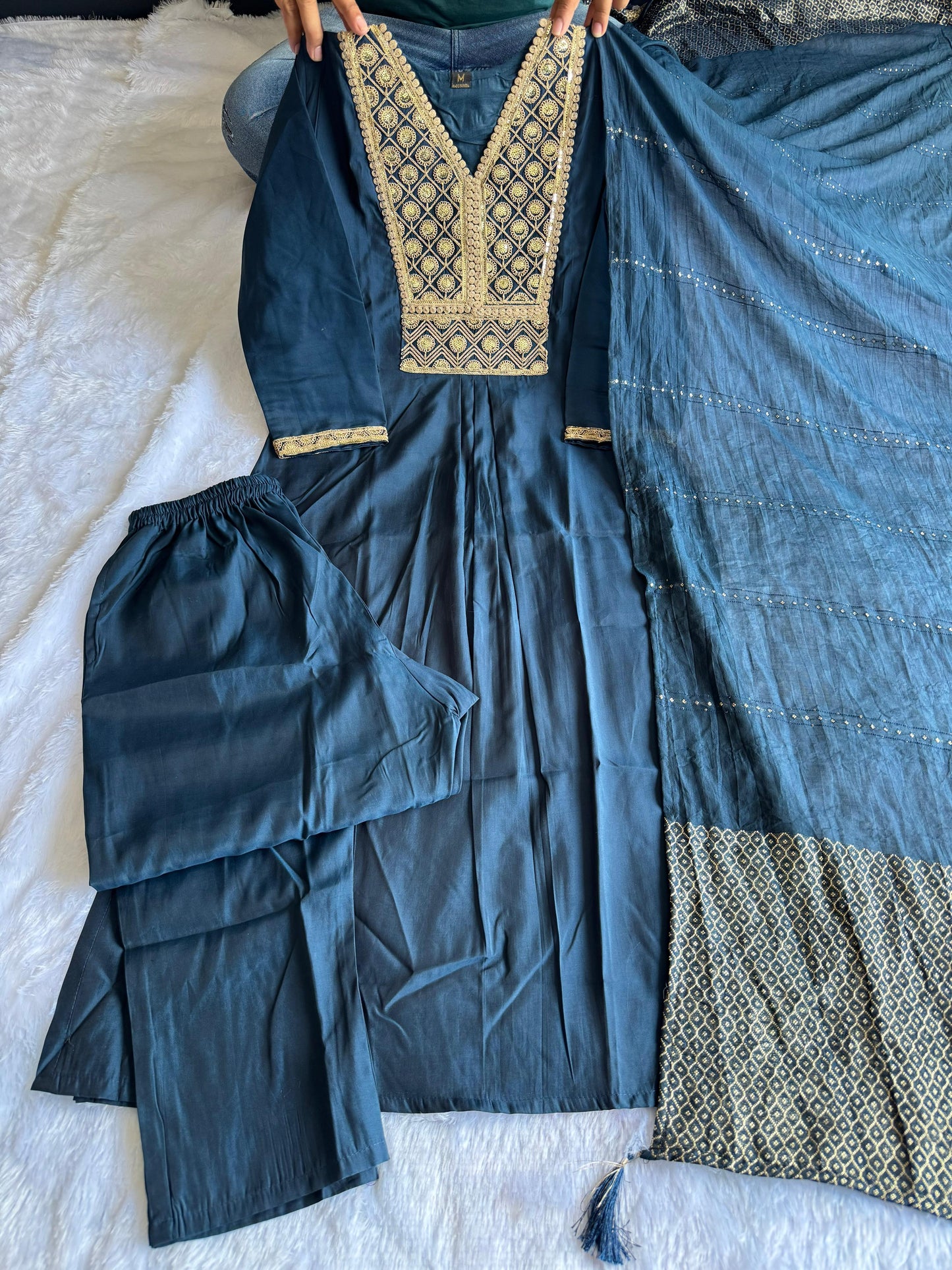 Premium Navy Blue Roman Silk Kurti Pant Dupatta Set with Embroidery & Latkan