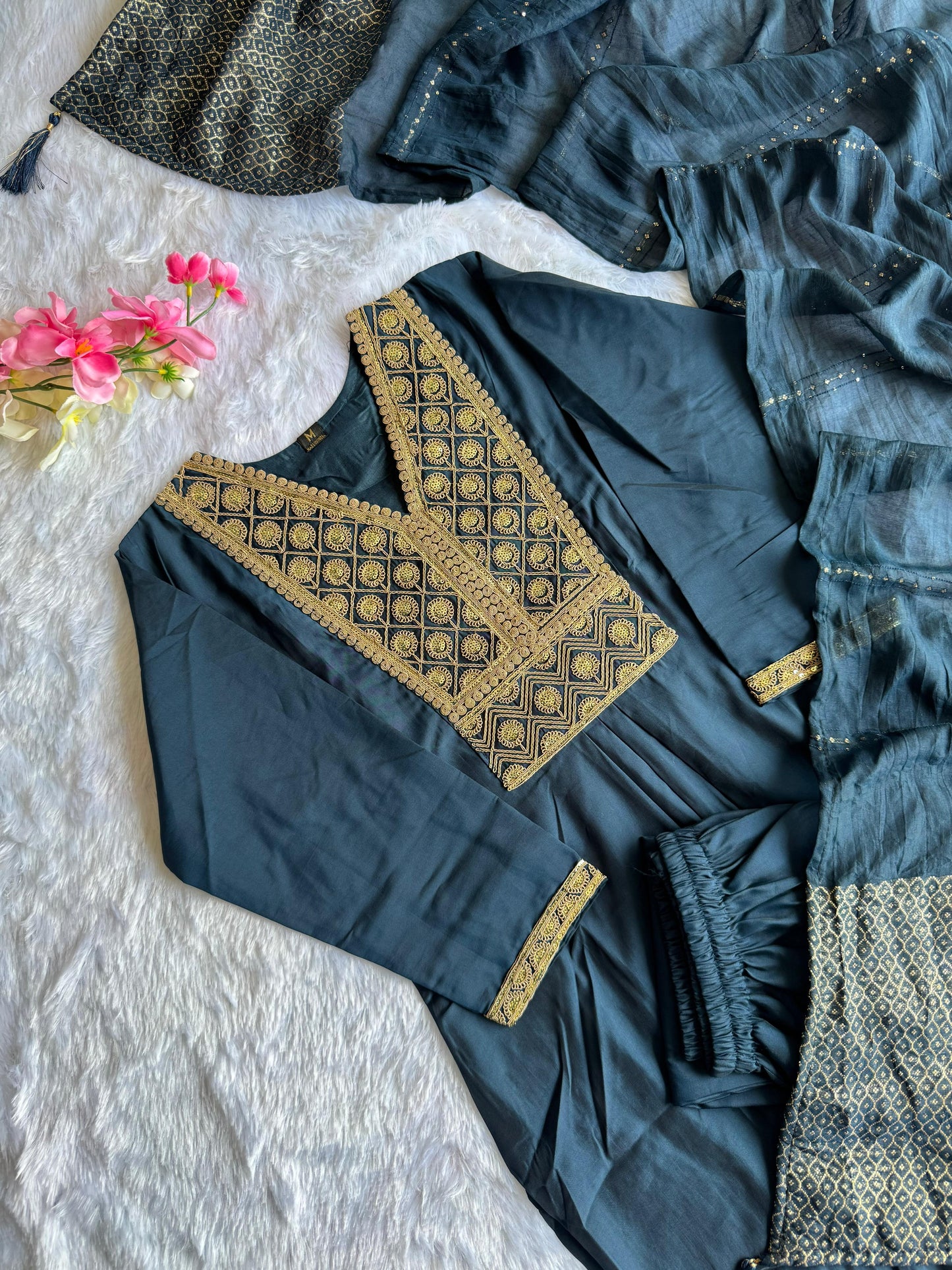 Premium Navy Blue Roman Silk Kurti Pant Dupatta Set with Embroidery & Latkan