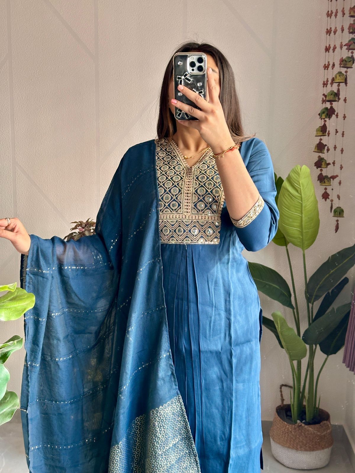 Premium Navy Blue Roman Silk Kurti Pant Dupatta Set with Embroidery & Latkan