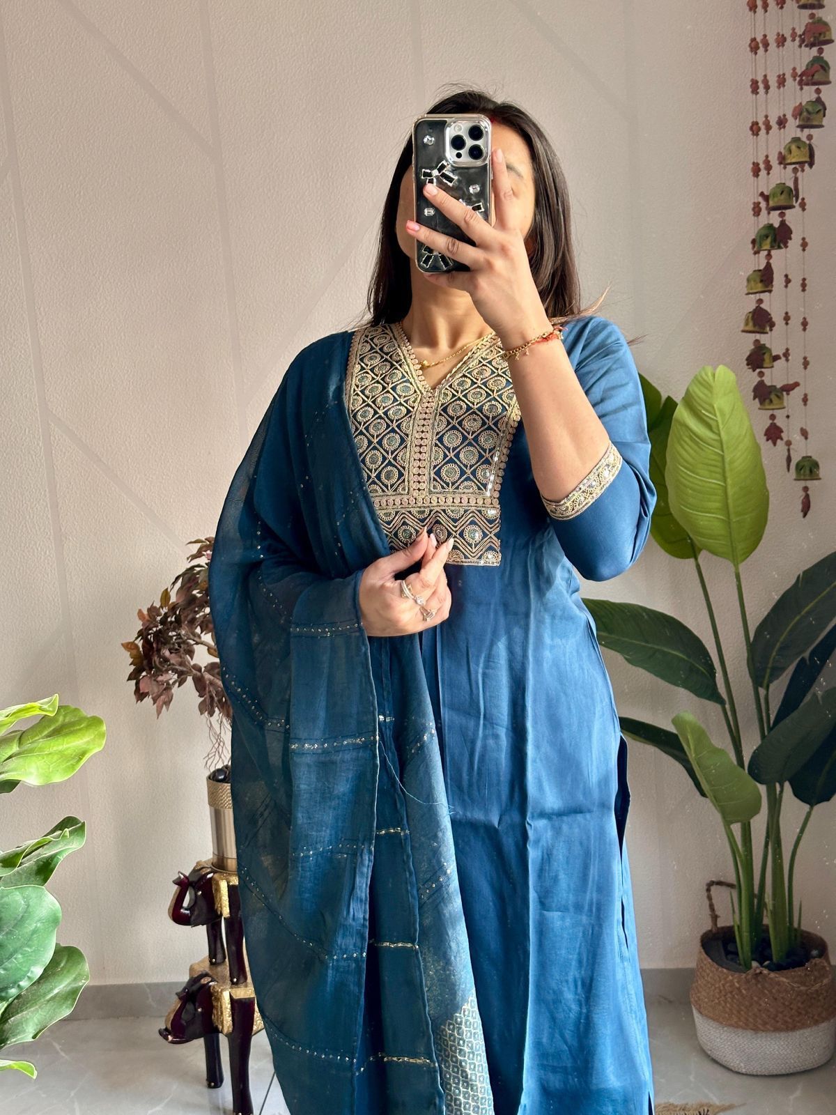 Premium Navy Blue Roman Silk Kurti Pant Dupatta Set with Embroidery & Latkan