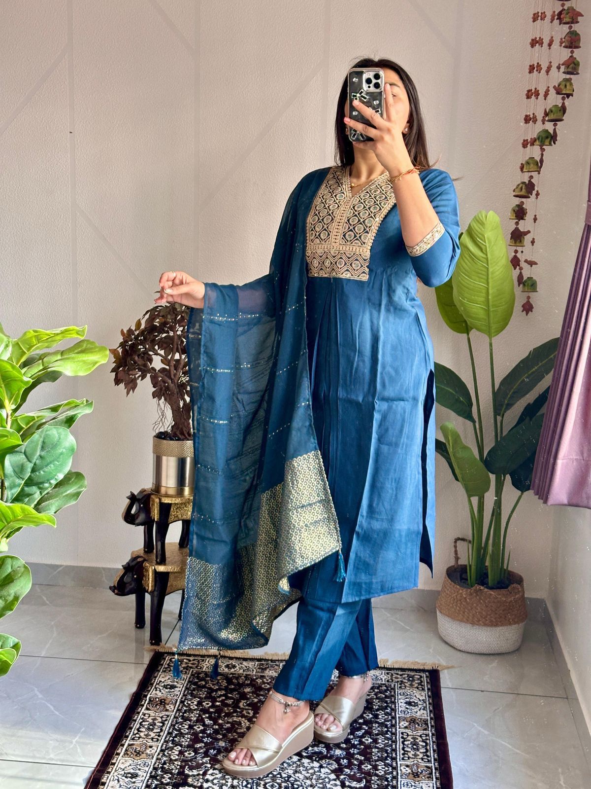 Premium Navy Blue Roman Silk Kurti Pant Dupatta Set with Embroidery & Latkan