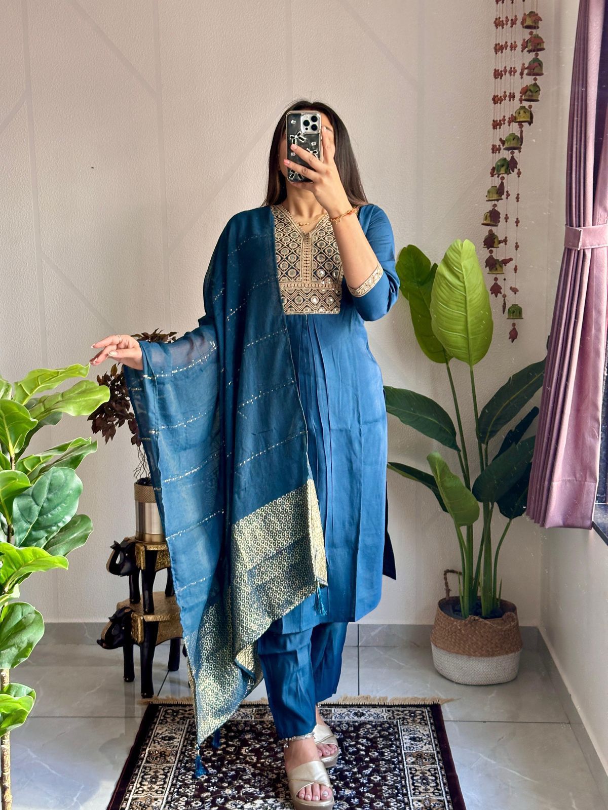 Premium Navy Blue Roman Silk Kurti Pant Dupatta Set with Embroidery & Latkan