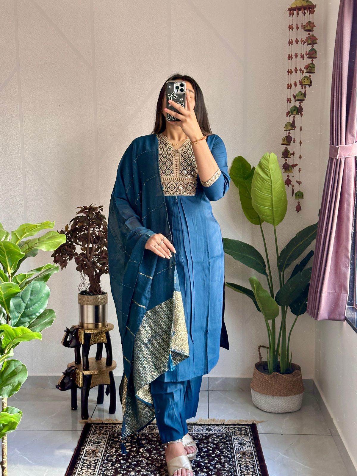 Premium Navy Blue Roman Silk Kurti Pant Dupatta Set with Embroidery & Latkan