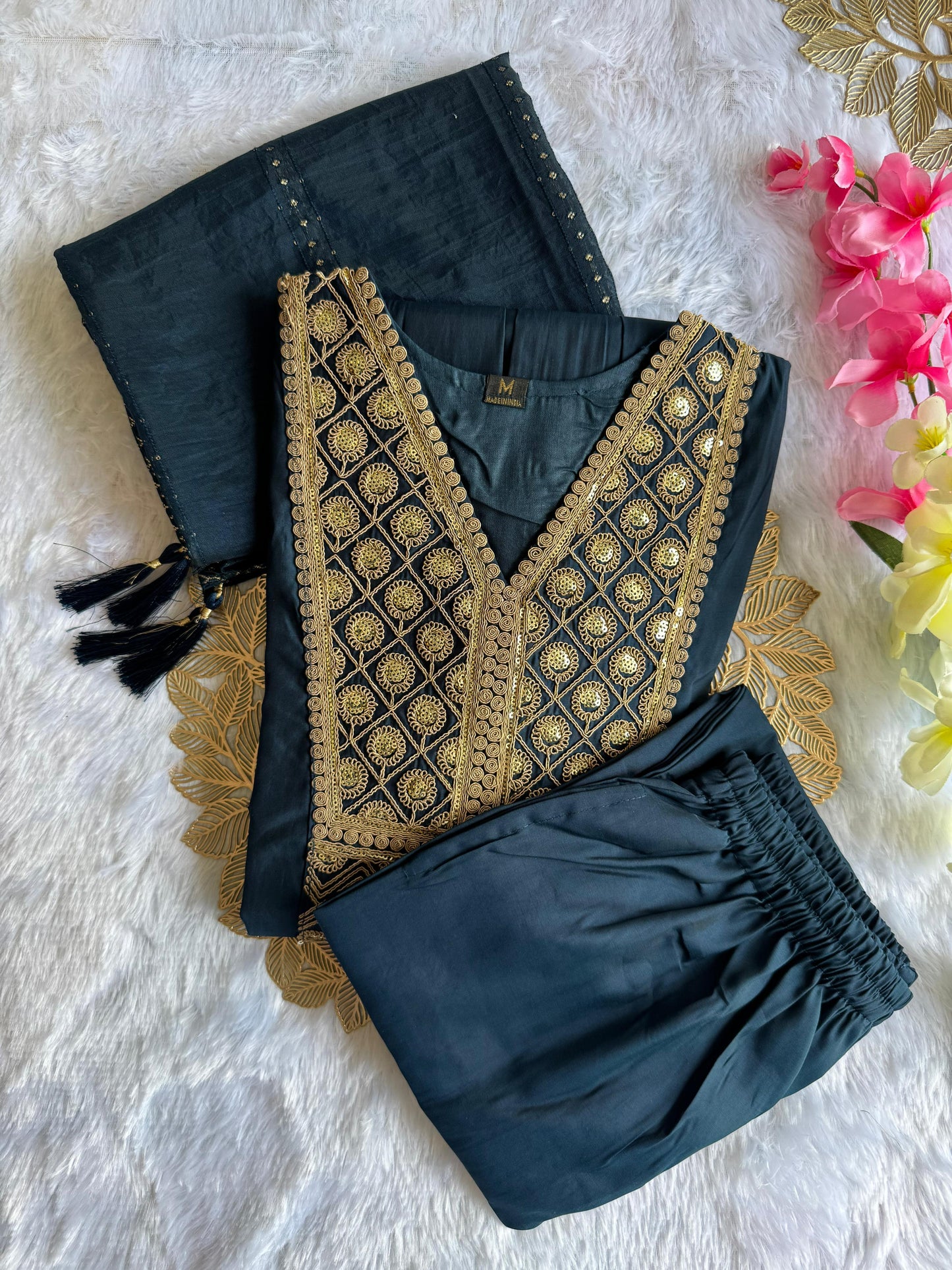 Premium Navy Blue Roman Silk Kurti Pant Dupatta Set with Embroidery & Latkan