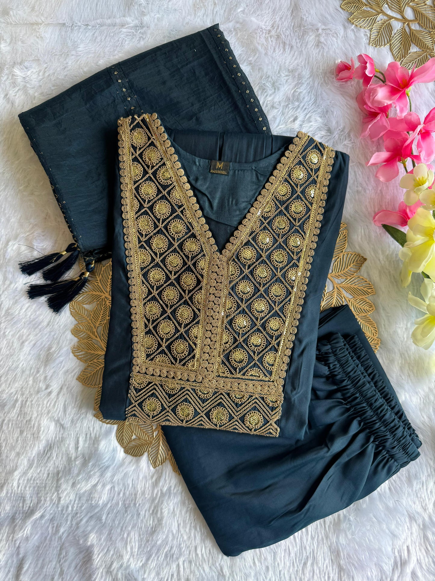 Premium Navy Blue Roman Silk Kurti Pant Dupatta Set with Embroidery & Latkan