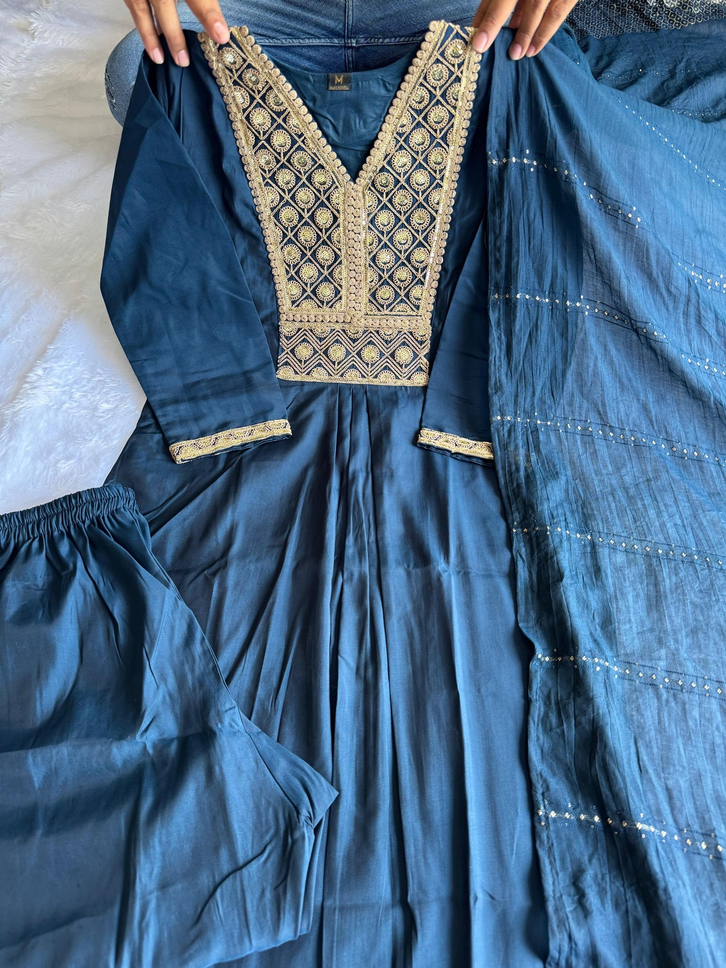 Premium Navy Blue Roman Silk Kurti Pant Dupatta Set with Embroidery & Latkan