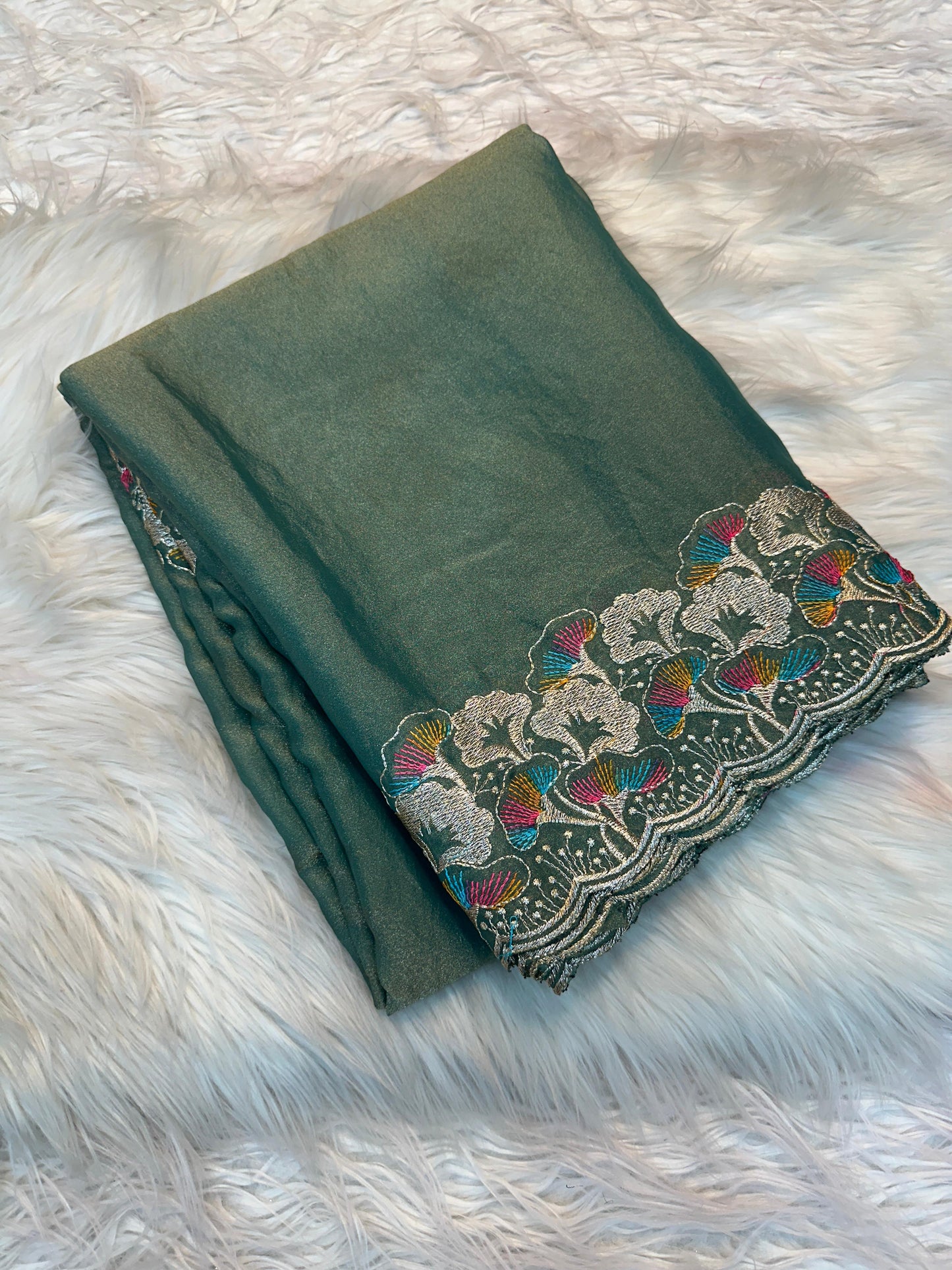 Elegant Green Moss Silk Embroidered Multicolor Thread Work & Contrast Blouse  Silk Saree for Women