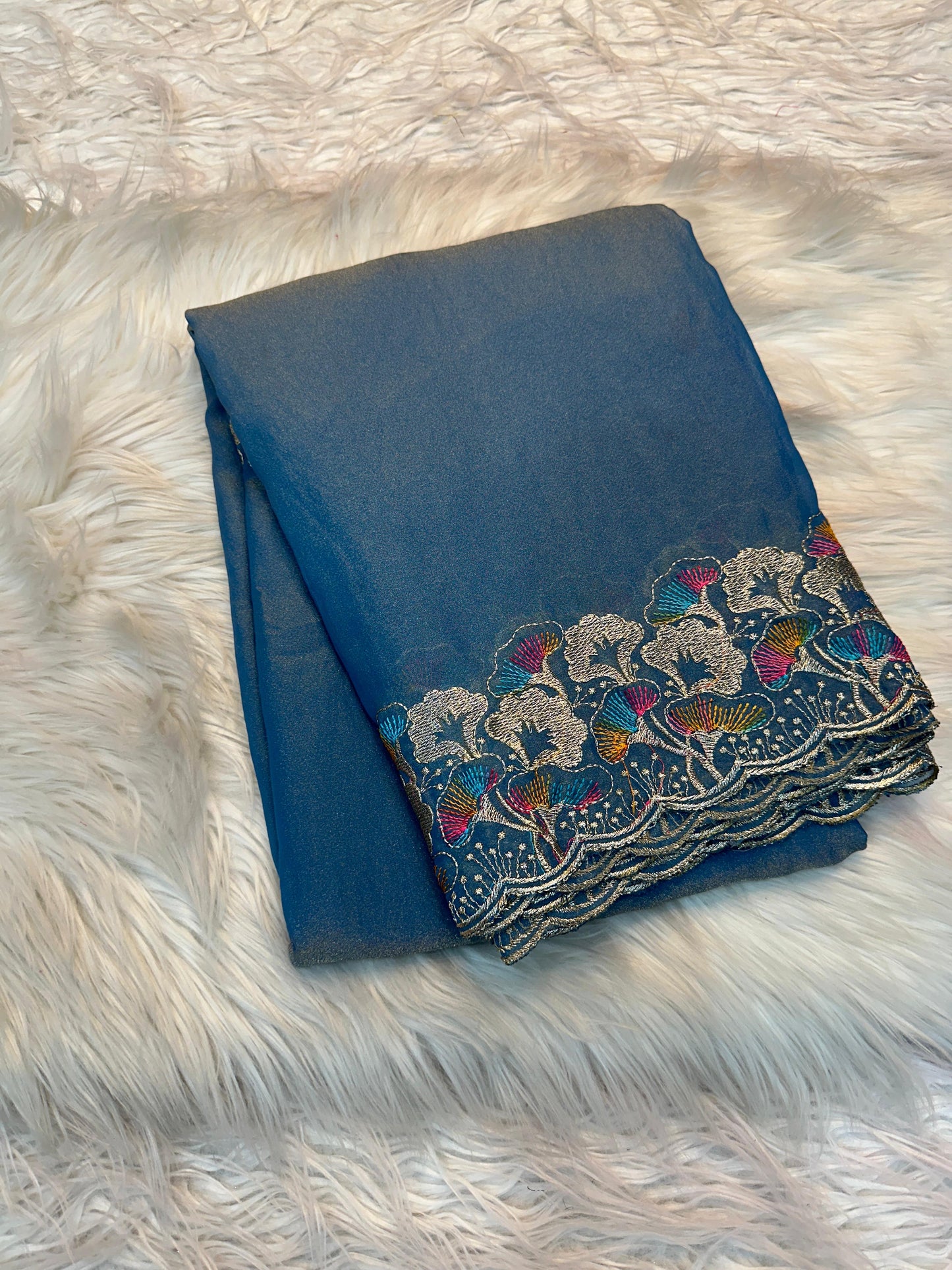 Luxury Blue Embroidered Moss Silk Saree with Rich Border Design