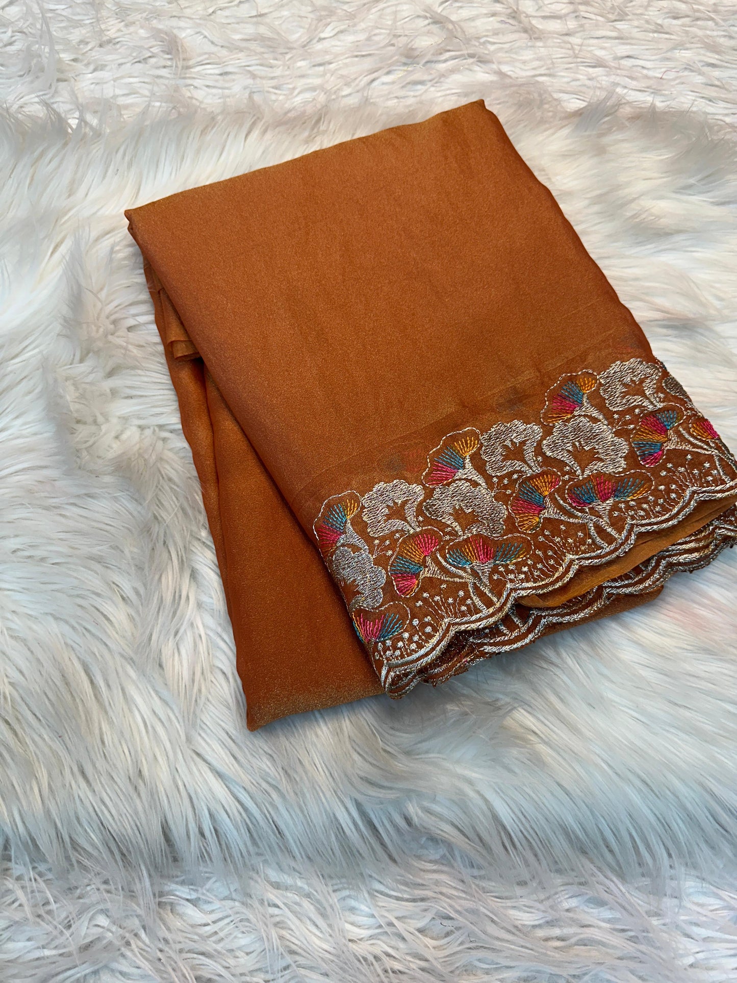 Luxury Shukra Festive Collection Burnt Orange Moss Silk Saree Multicolor Embroidery Border with Contrast Blouse