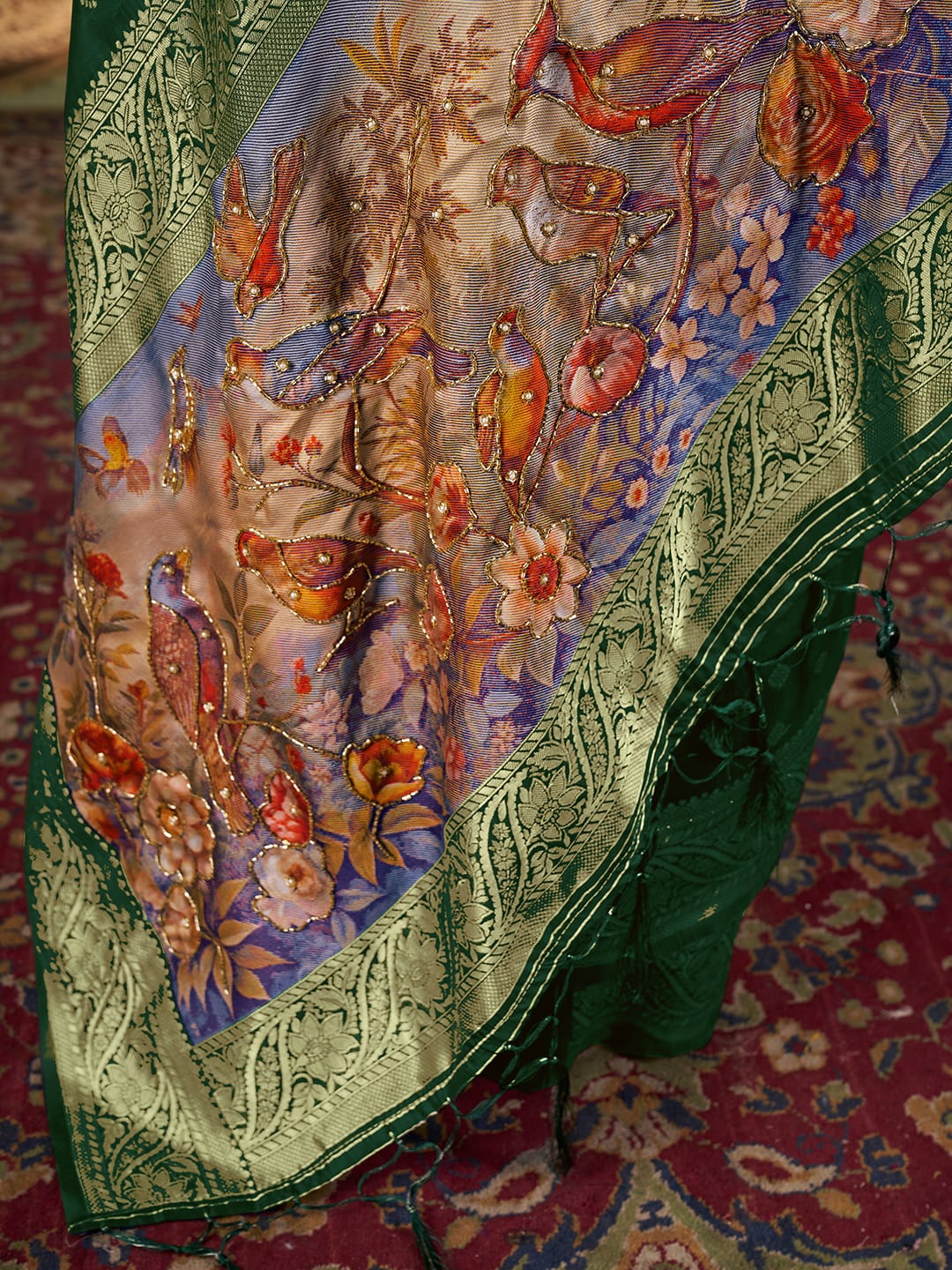 Jacquard Zari Weaving Saree with Woven Pallu, Handwork & Jalar