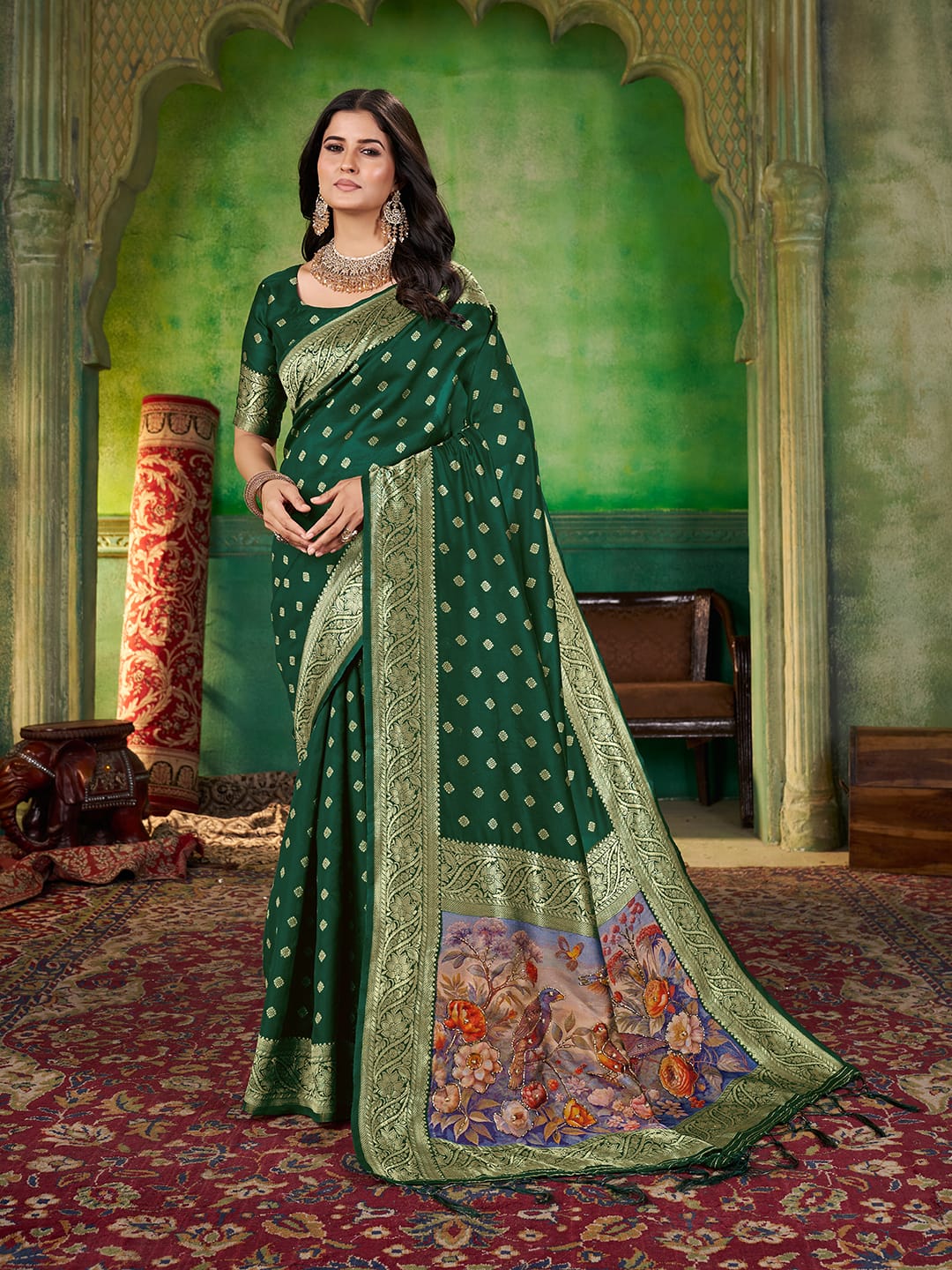 Jacquard Zari Weaving Saree with Woven Pallu, Handwork & Jalar