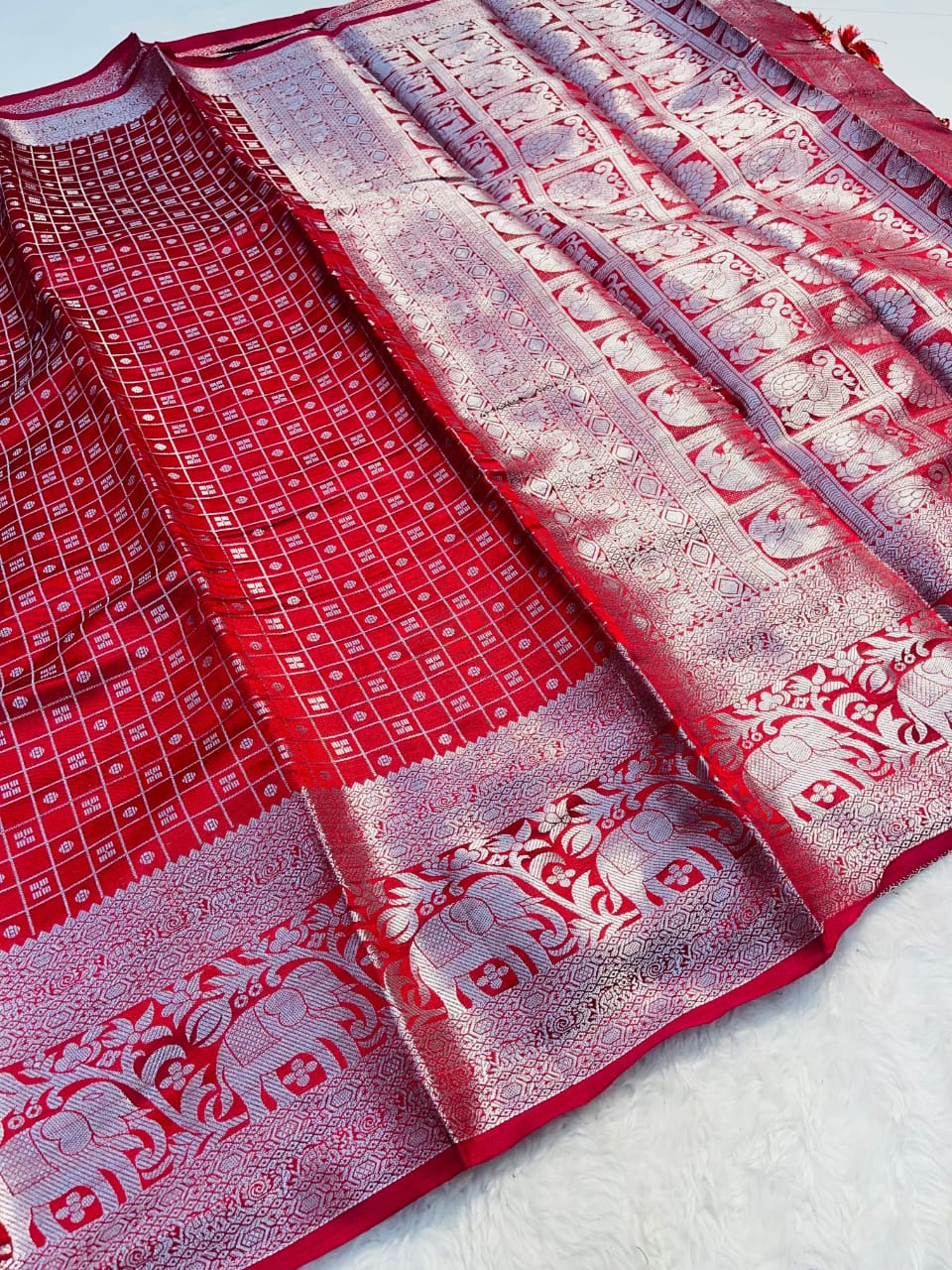 Festive Wear Red Soft Silk Saree with Kanchipuram Zari Border & Khicha Checks