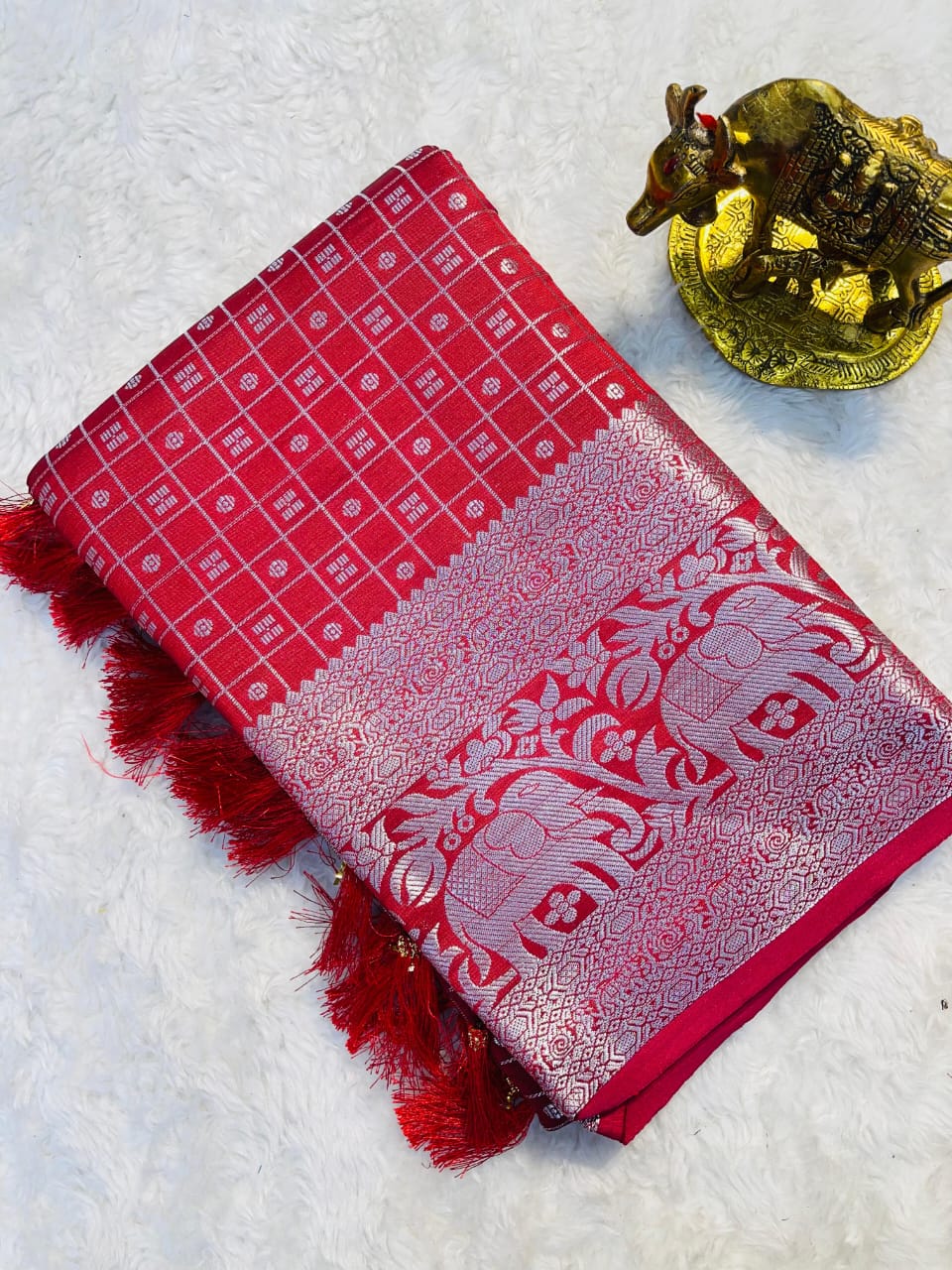 Festive Wear Red Soft Silk Saree with Kanchipuram Zari Border & Khicha Checks