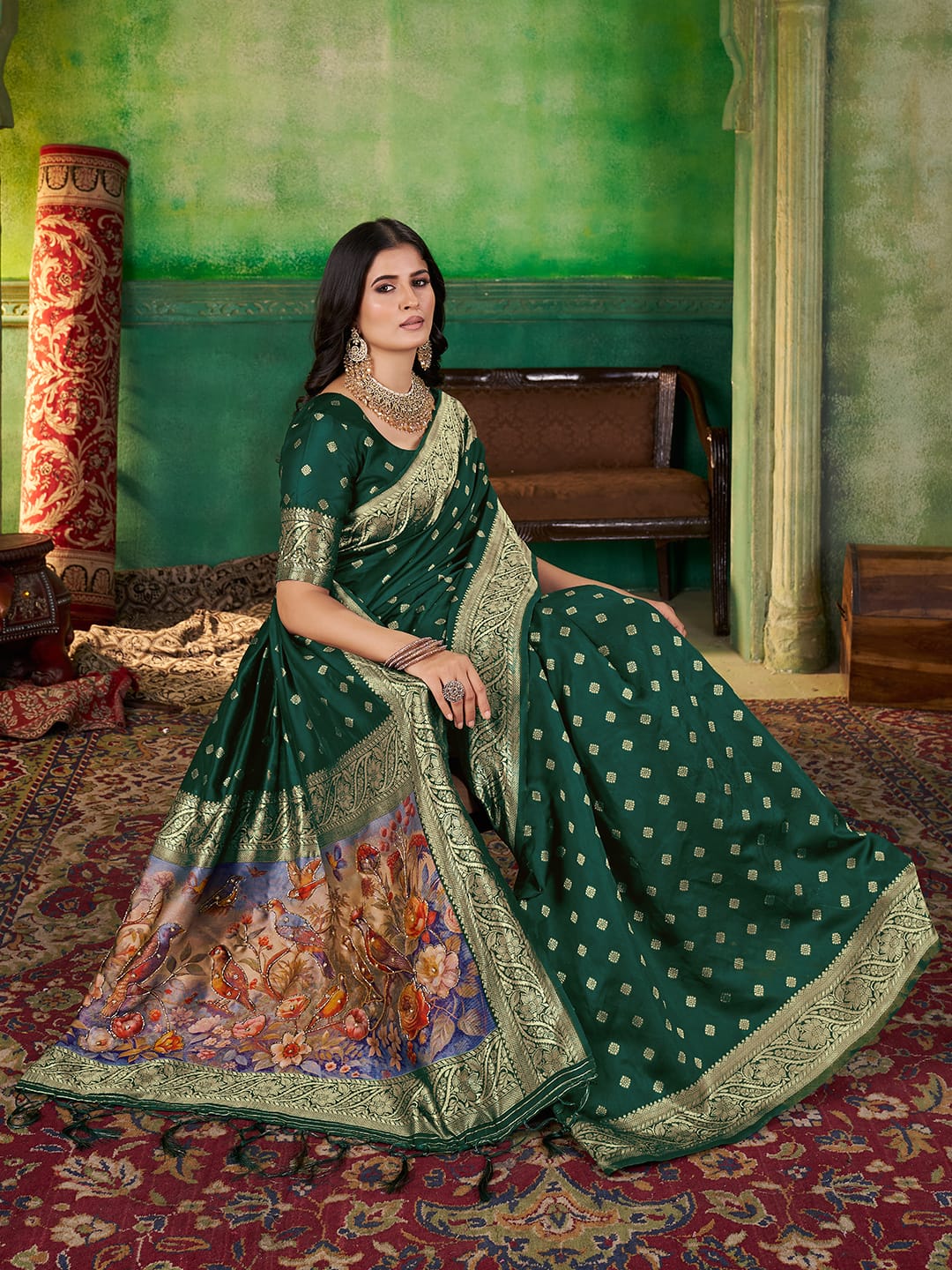 Jacquard Zari Weaving Saree with Woven Pallu, Handwork & Jalar