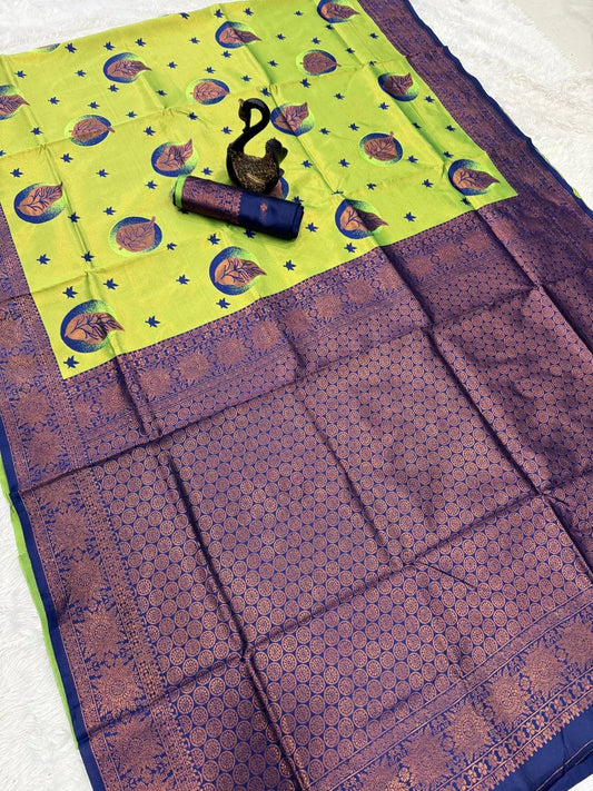 Premium Banarasi Silk Saree – Lime Green with Blue Zari Pallu & Unique Mina Design