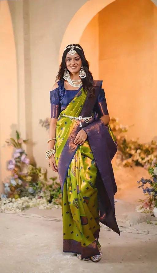 Premium Banarasi Silk Saree – Lime Green with Blue Zari Pallu & Unique Mina Design