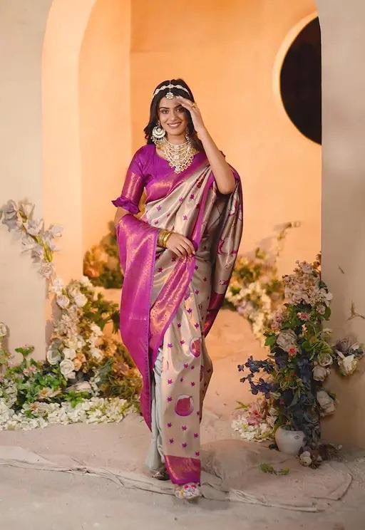 Wedding Wear Beige Banarasi Silk Saree with Dark Pink Border & Blouse