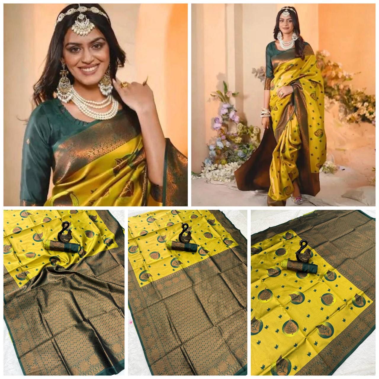 Soft Banarasi Silk Saree – Yellow with Green Border & Rich Pallu
