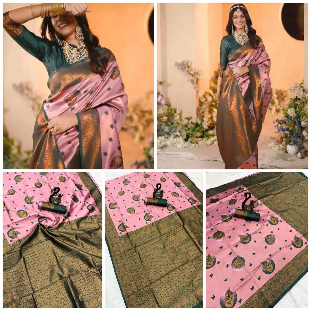 Premium Banarasi Silk Saree – Light Pink & Dark Green Traditional Zari Weave