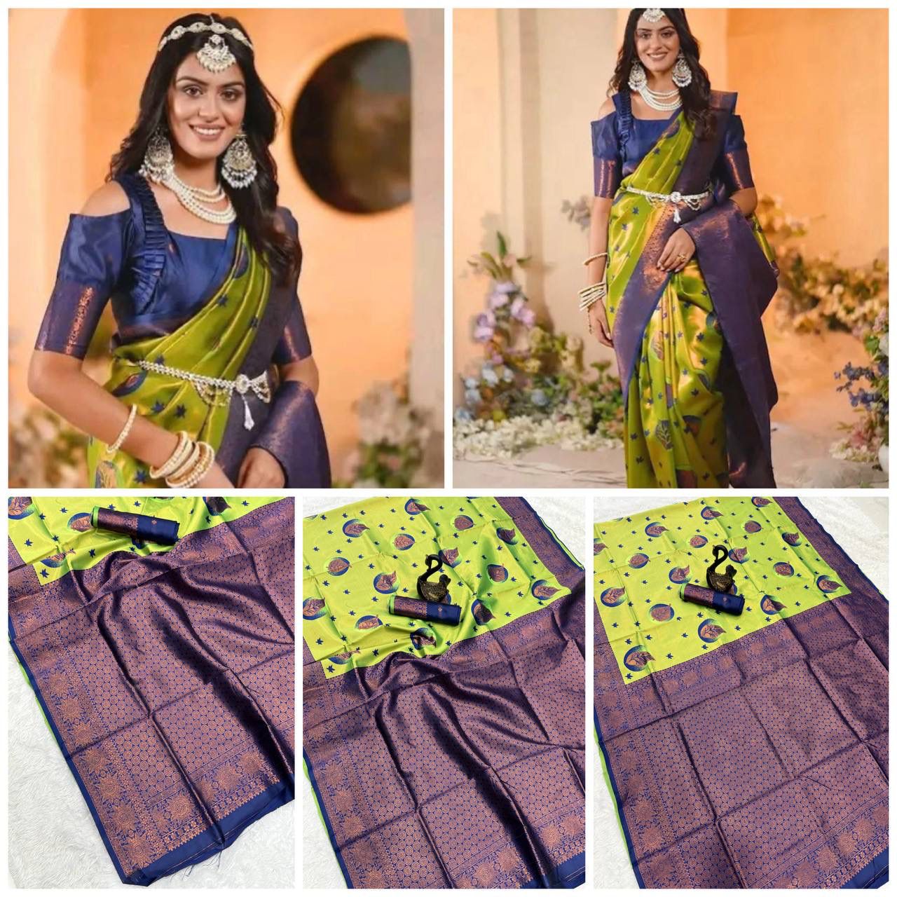 Premium Banarasi Silk Saree – Lime Green with Blue Zari Pallu & Unique Mina Design