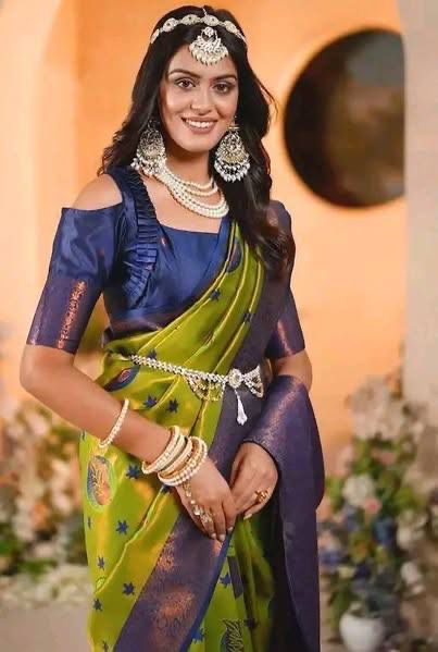 Premium Banarasi Silk Saree – Lime Green with Blue Zari Pallu & Unique Mina Design
