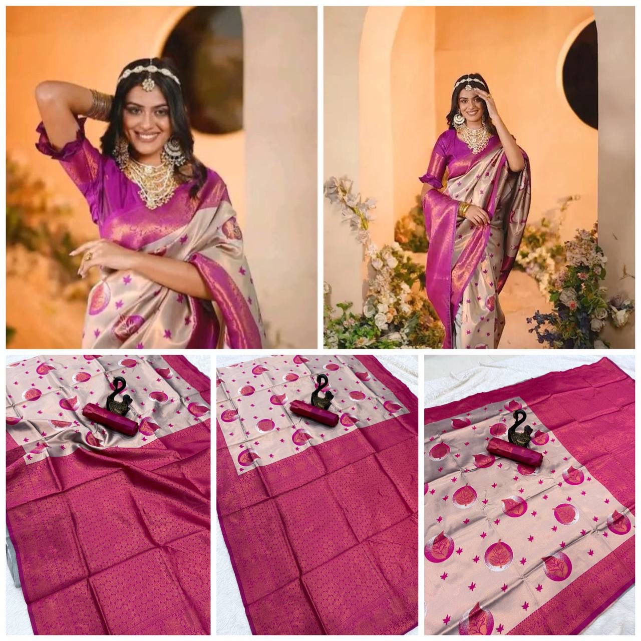 Wedding Wear Beige Banarasi Silk Saree with Dark Pink Border & Blouse