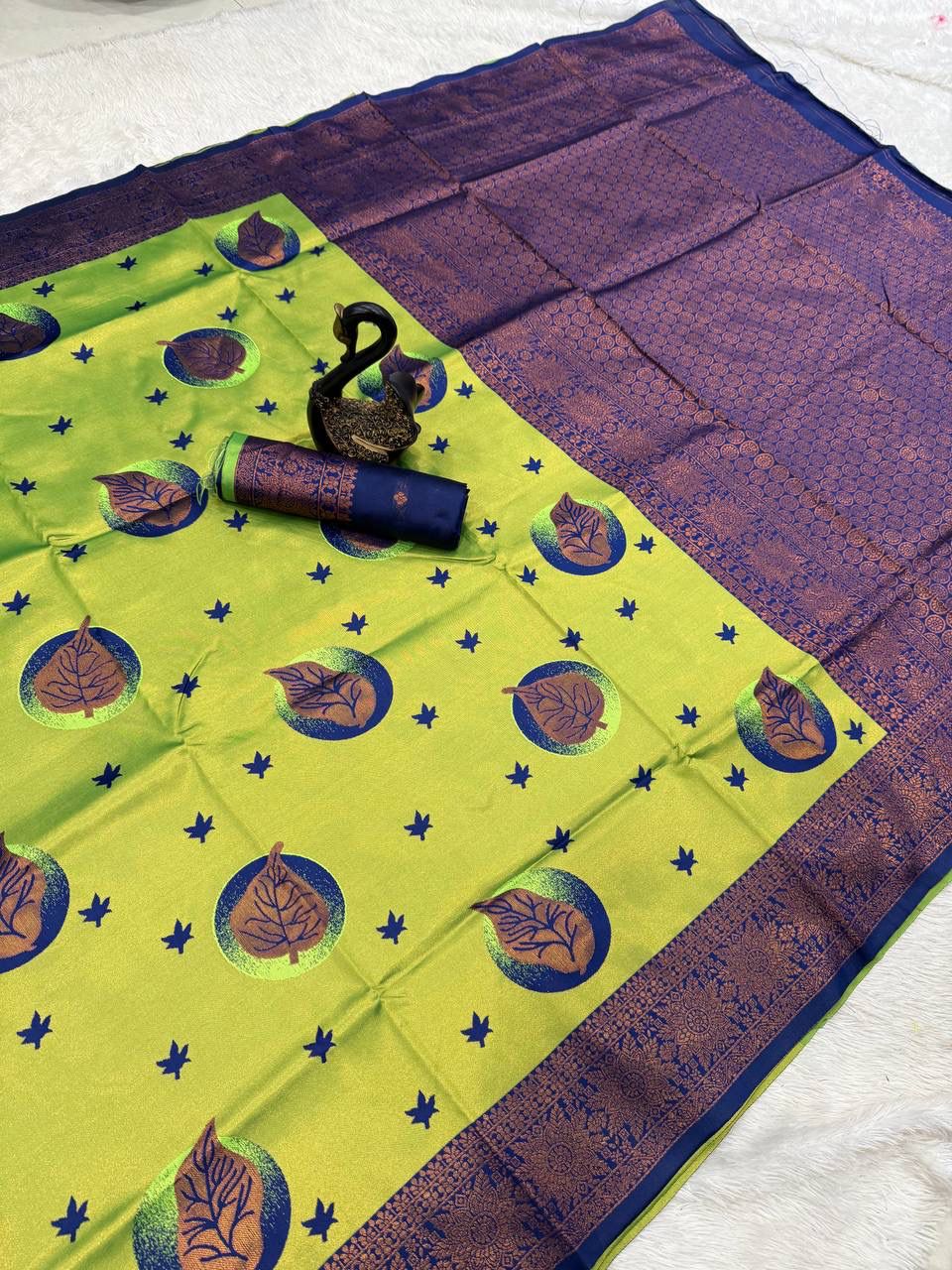Premium Banarasi Silk Saree – Lime Green with Blue Zari Pallu & Unique Mina Design