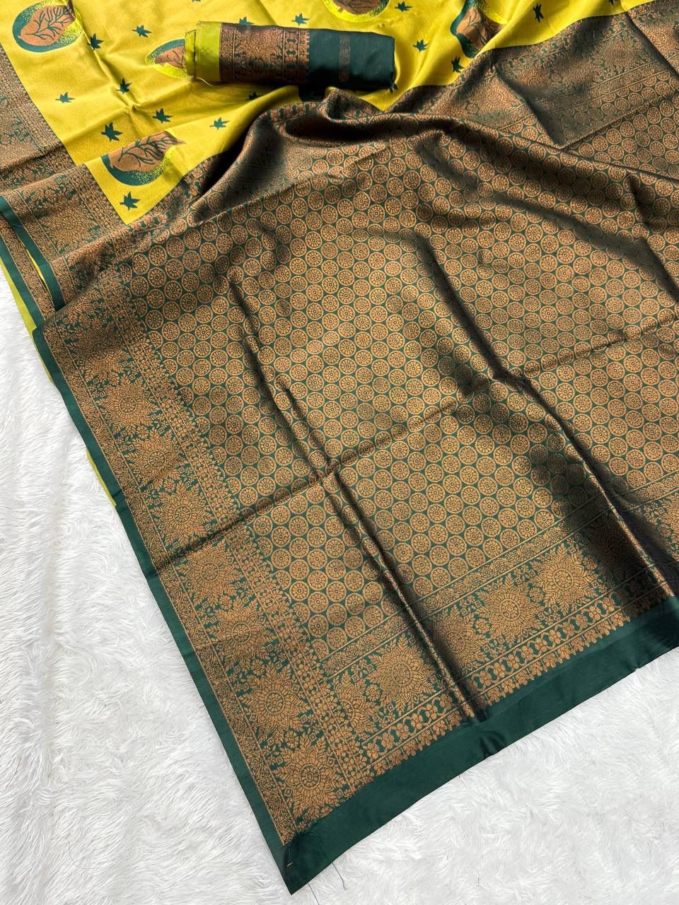 Soft Banarasi Silk Saree – Yellow with Green Border & Rich Pallu