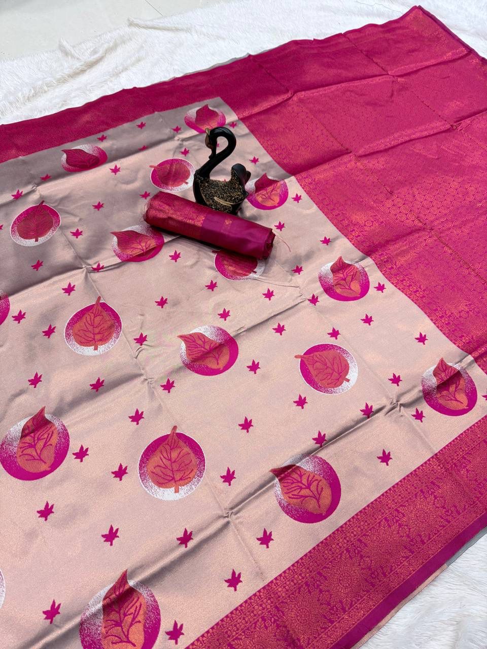 Wedding Wear Beige Banarasi Silk Saree with Dark Pink Border & Blouse