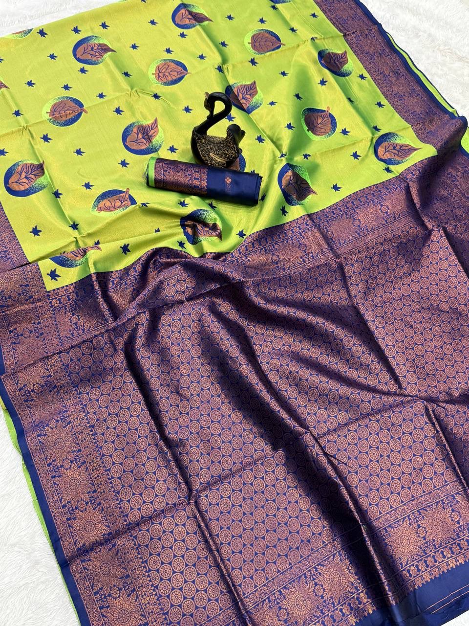 Premium Banarasi Silk Saree – Lime Green with Blue Zari Pallu & Unique Mina Design