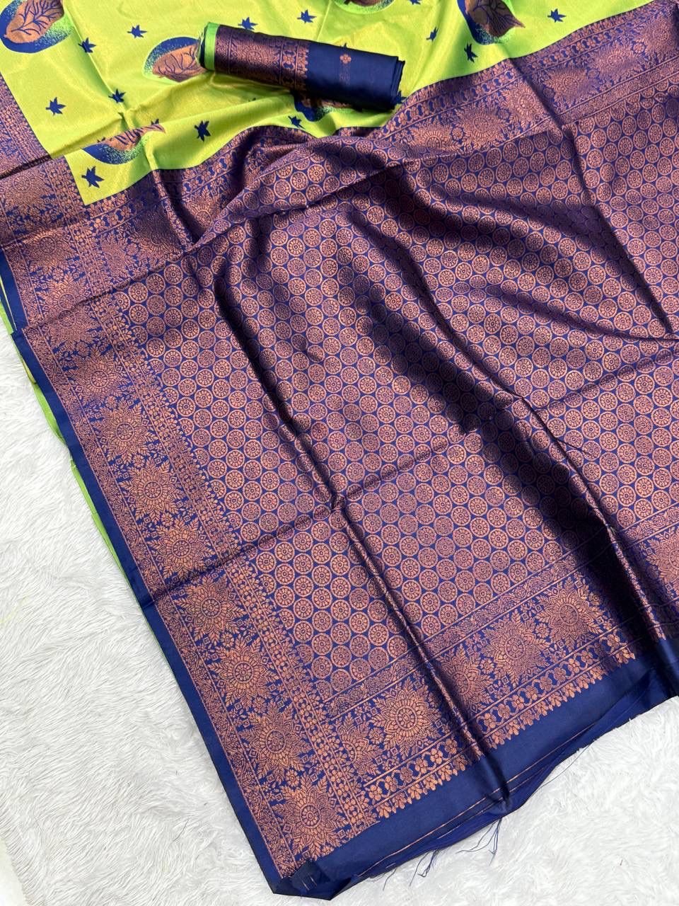 Premium Banarasi Silk Saree – Lime Green with Blue Zari Pallu & Unique Mina Design