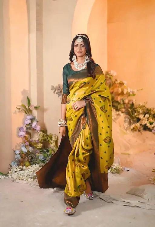 Soft Banarasi Silk Saree – Yellow with Green Border & Rich Pallu