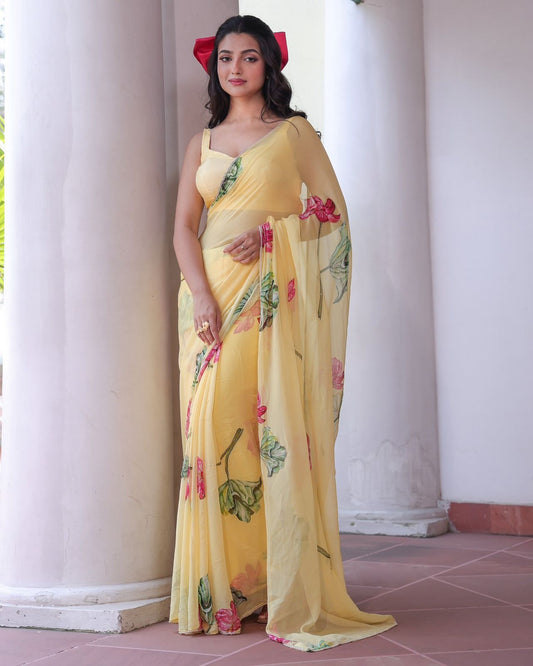 Designer Collection Exclusive Floral Handwork Saree Soft Tebby Silk with Beads & Katdana Work