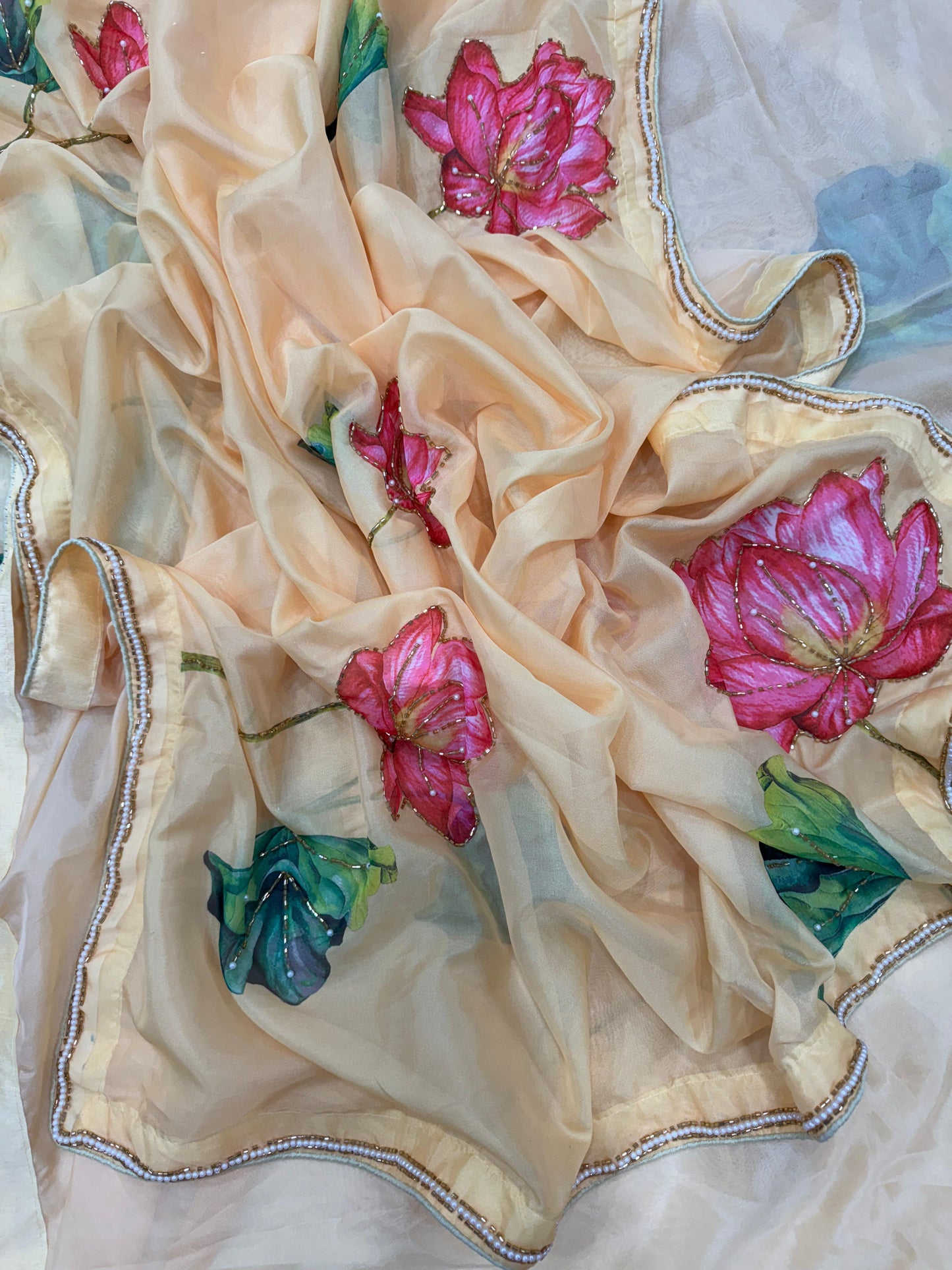 Designer Collection Exclusive Floral Handwork Saree Soft Tebby Silk with Beads & Katdana Work