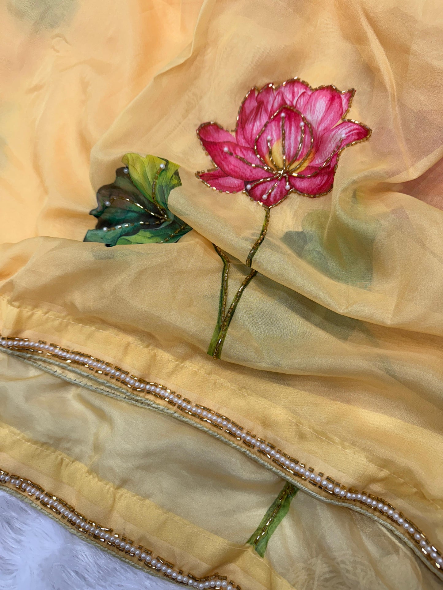 Designer Collection Exclusive Floral Handwork Saree Soft Tebby Silk with Beads & Katdana Work