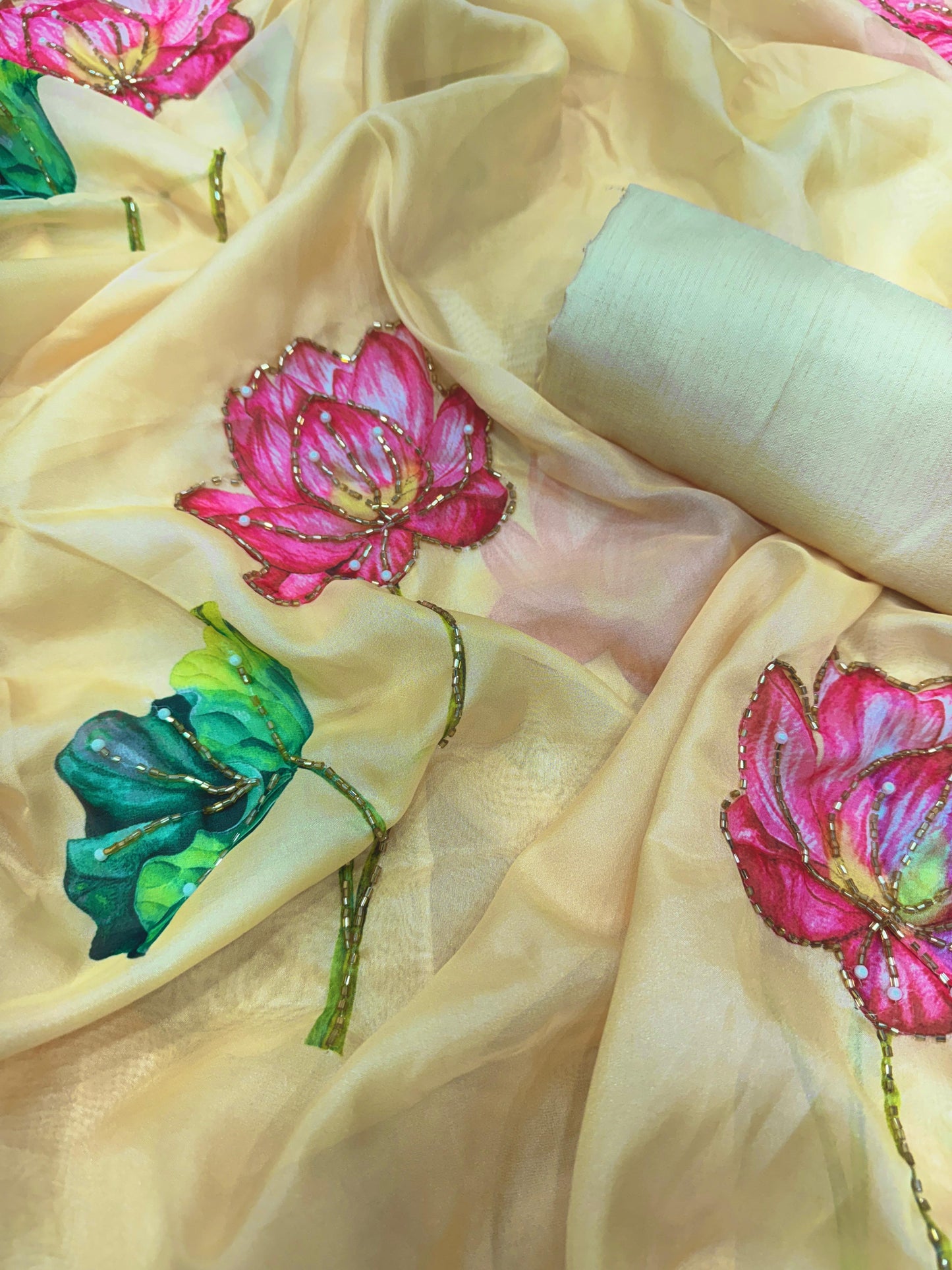 Designer Collection Exclusive Floral Handwork Saree Soft Tebby Silk with Beads & Katdana Work