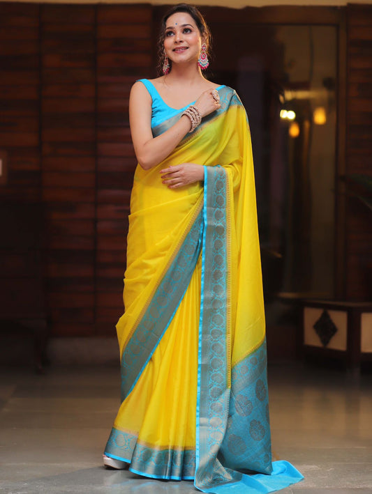 Soft & Lightweight Party Wear Elegant Yellow Nylon Chinnon Saree with Teal Border