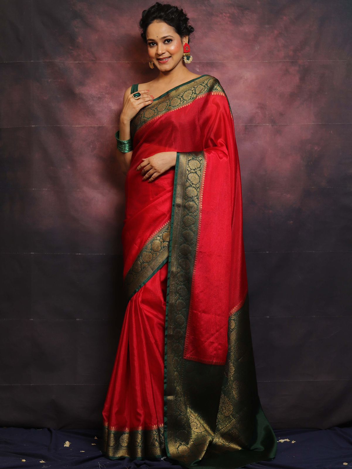 Festive & Wedding Wear  Stunning Red Nylon Chinnon Saree with Green Blouse