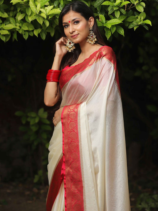 Wedding & Festive Wear Elegant White Nylon Chinnon Saree with Red Border
