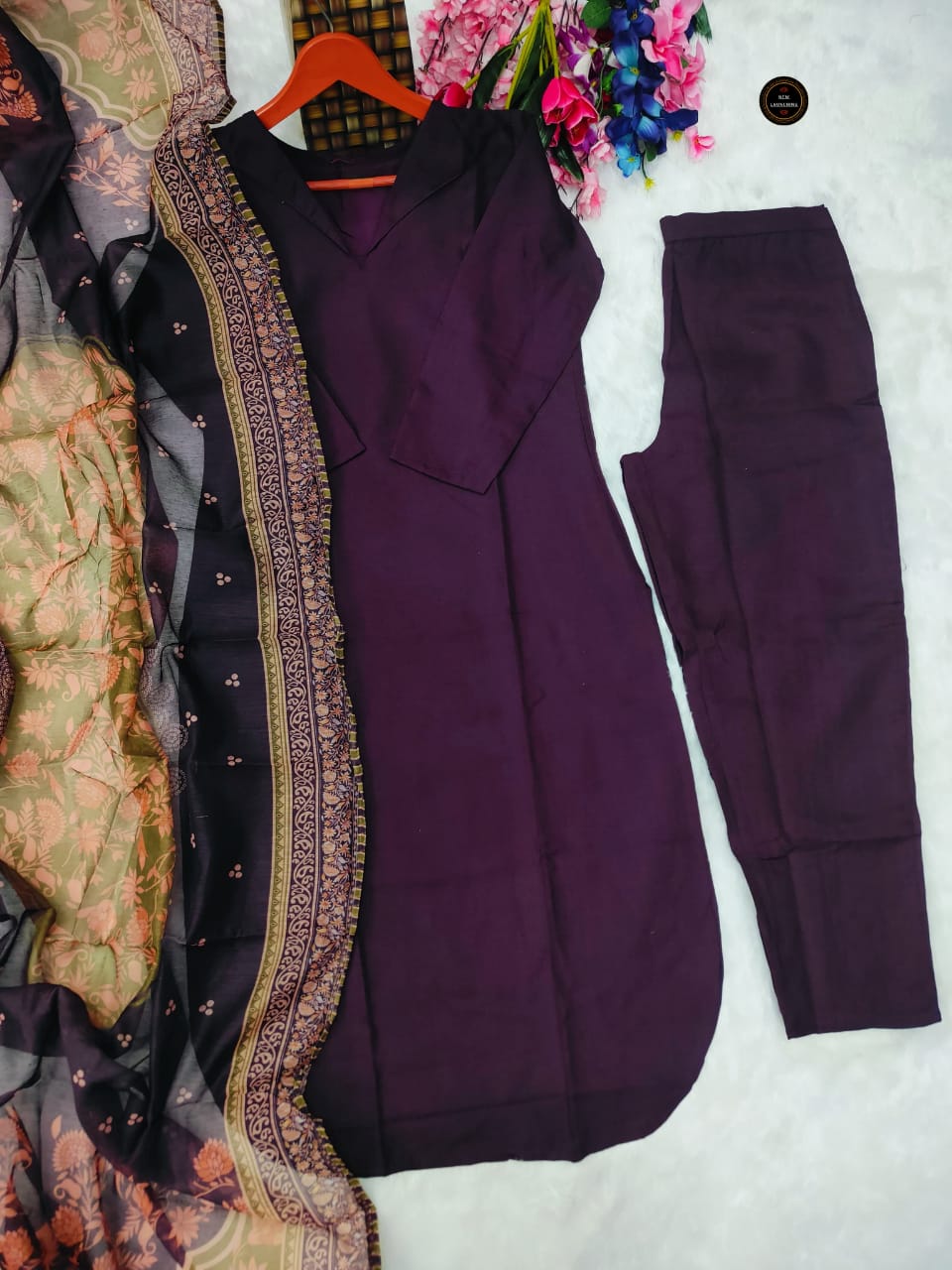 Exclusive Violet South Cotton Kurti Set with Embroidery & Chanderi Silk Dupatta
