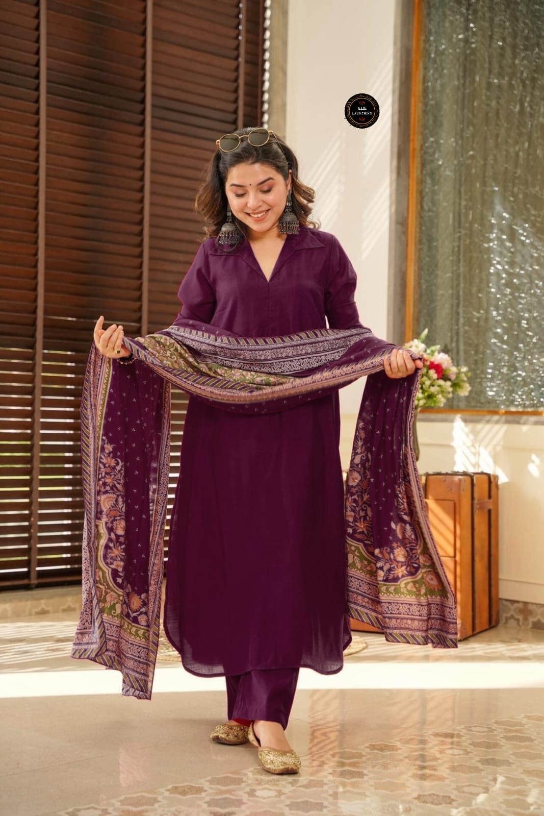 Exclusive Violet South Cotton Kurti Set with Embroidery & Chanderi Silk Dupatta