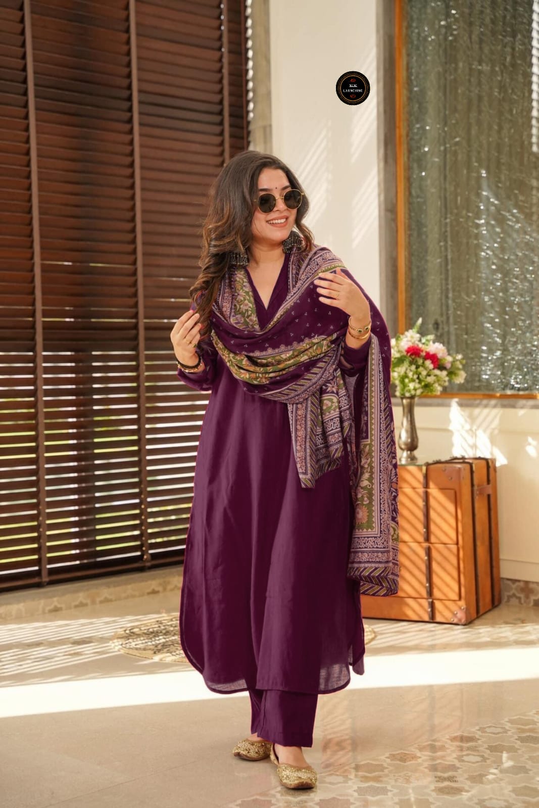 Exclusive Violet South Cotton Kurti Set with Embroidery & Chanderi Silk Dupatta