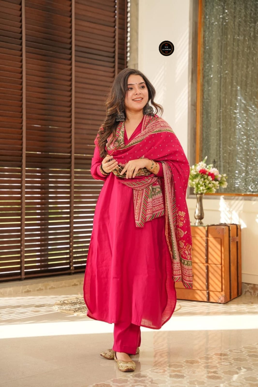 Exclusive Pink South Cotton Kurti Set with Embroidery & Chanderi Silk Dupatta